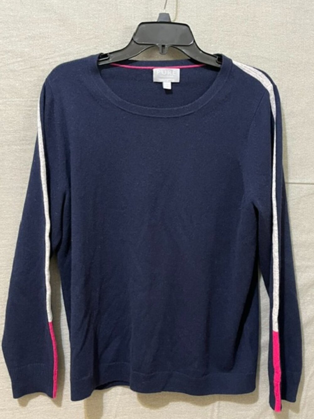 Pure Collection 100% Cashmere Sweater Navy Pink Stripe Long Sleeve US 18